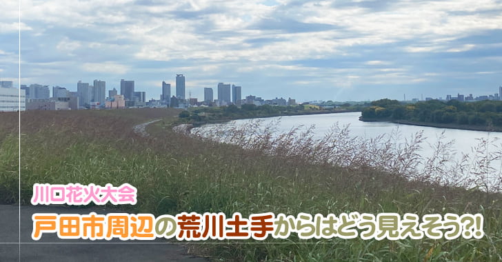 川口花火大会、戸田市周辺の荒川土手からの眺め